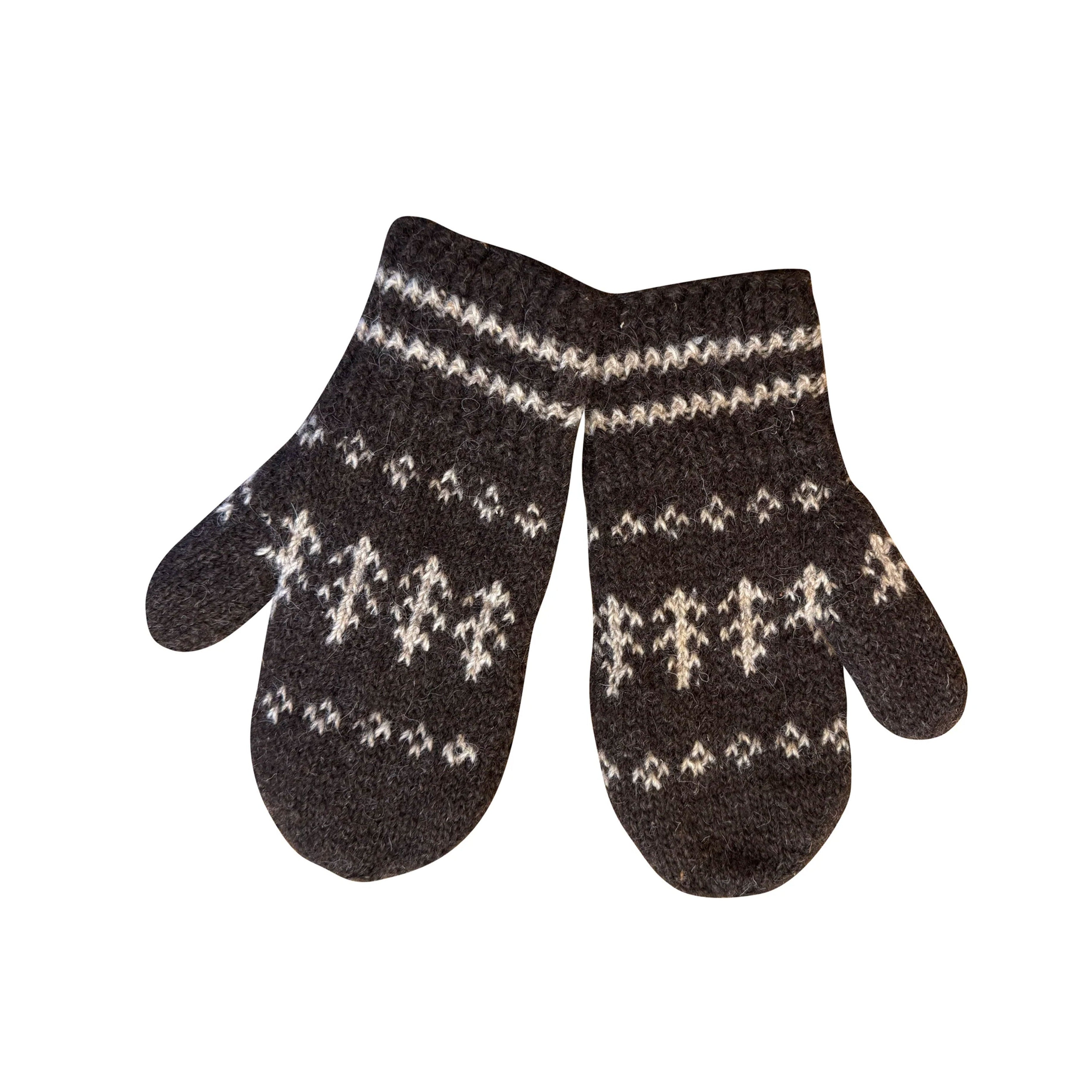 Dark Brown natural wool fleece lined cap and mittens with Fern