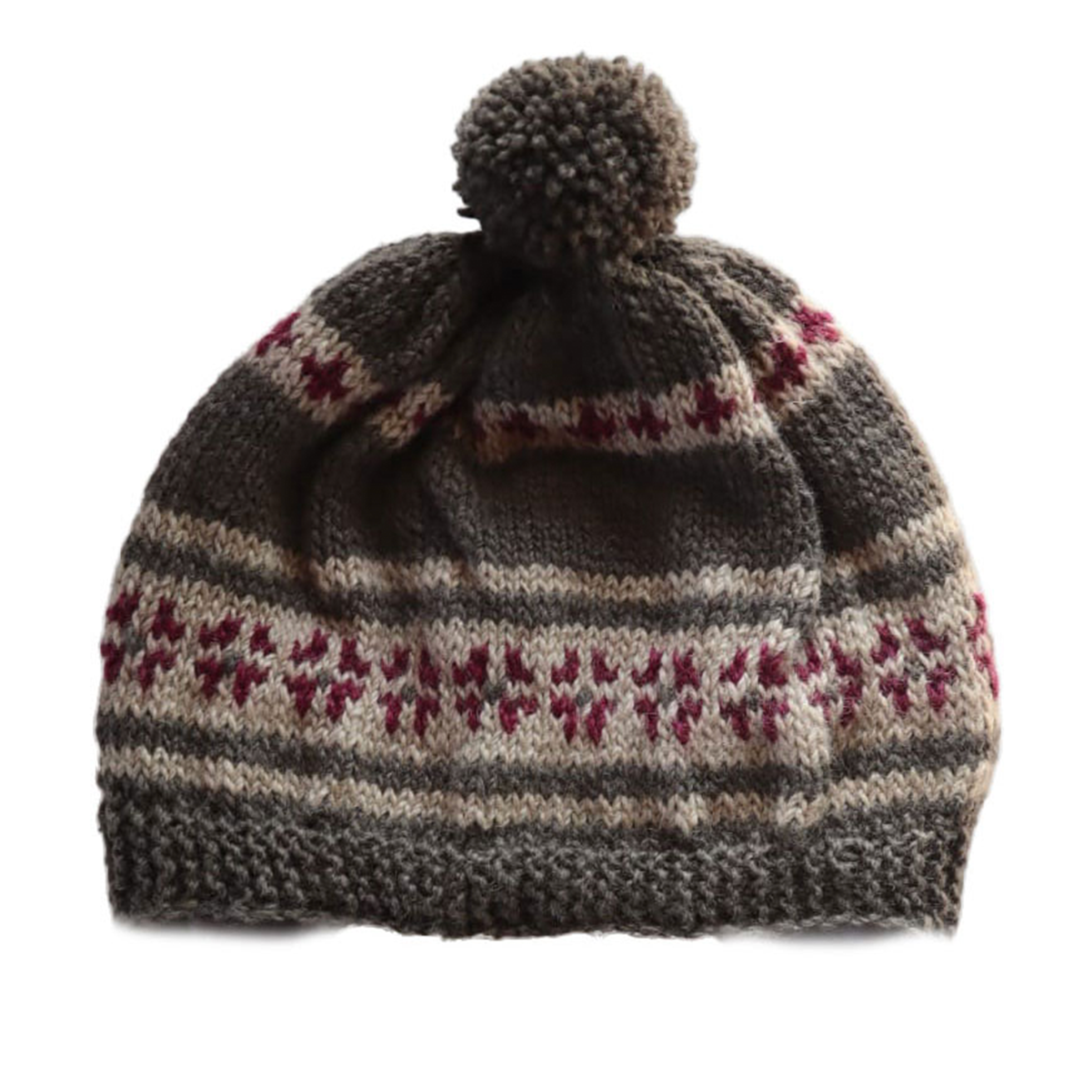 Grey hand-dyed wool cap with magenta flowers