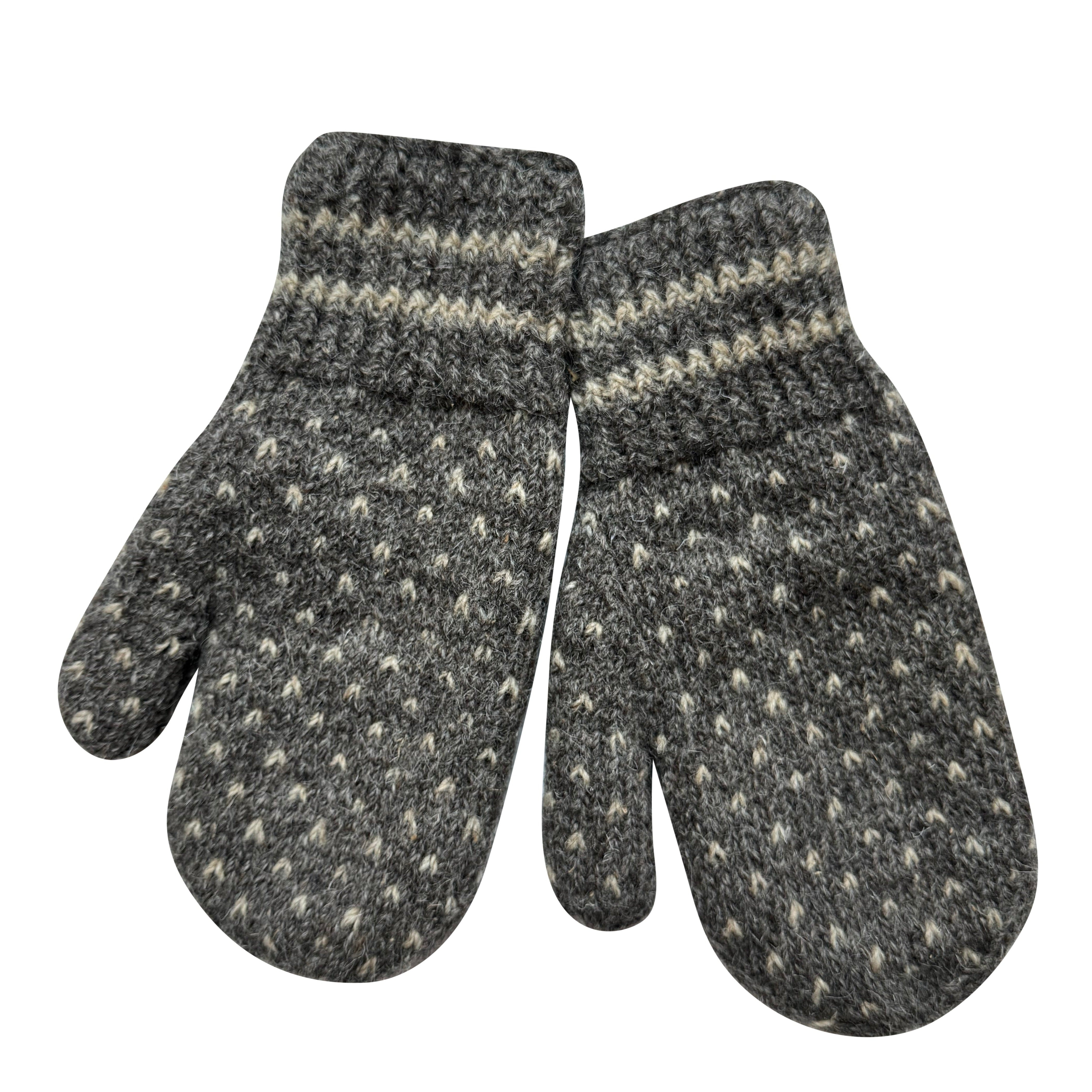 Grey natural wool fleece lined cap and mittens with cream flecks