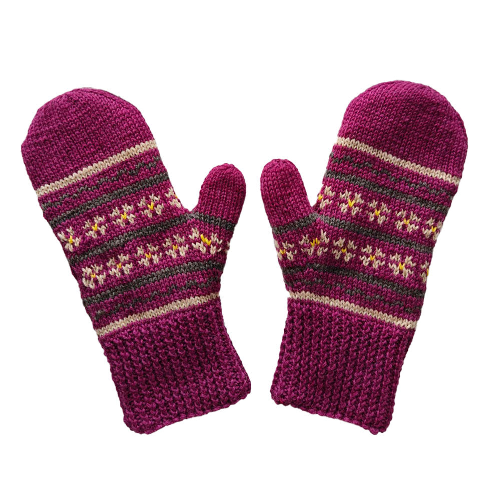 Magenta and Cream Flower Hand-dyed Cap and Mittens