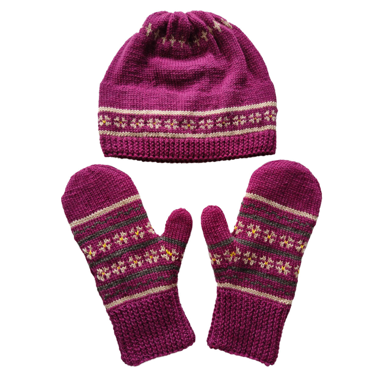 Magenta and Cream Flower Hand-dyed Cap and Mittens