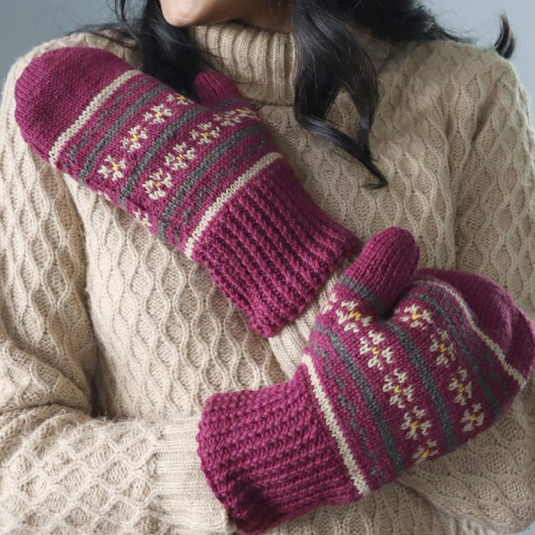 Magenta and Cream Flower Hand-dyed Cap and Mittens